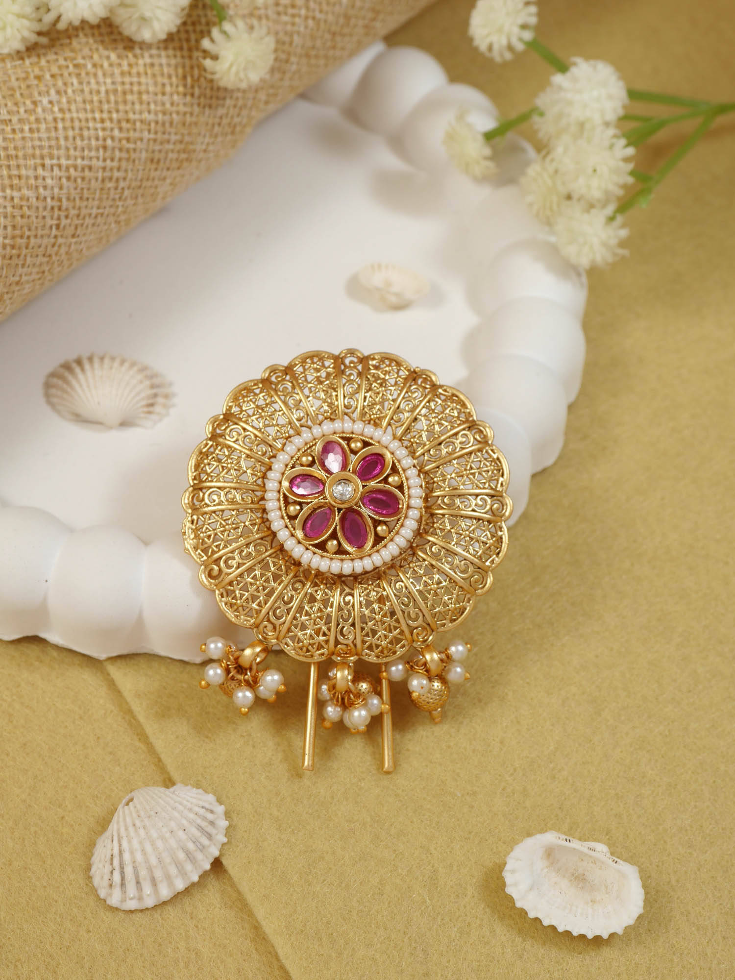 I Jewels Designer Hair Pin with Intricate Kundan Work and Pearl Detailing
