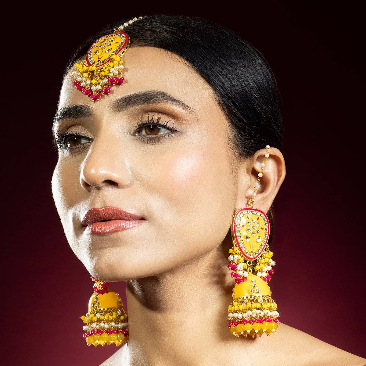 Niscka Yellow Floral Meenakari Jhumka & Maang-Tika Set