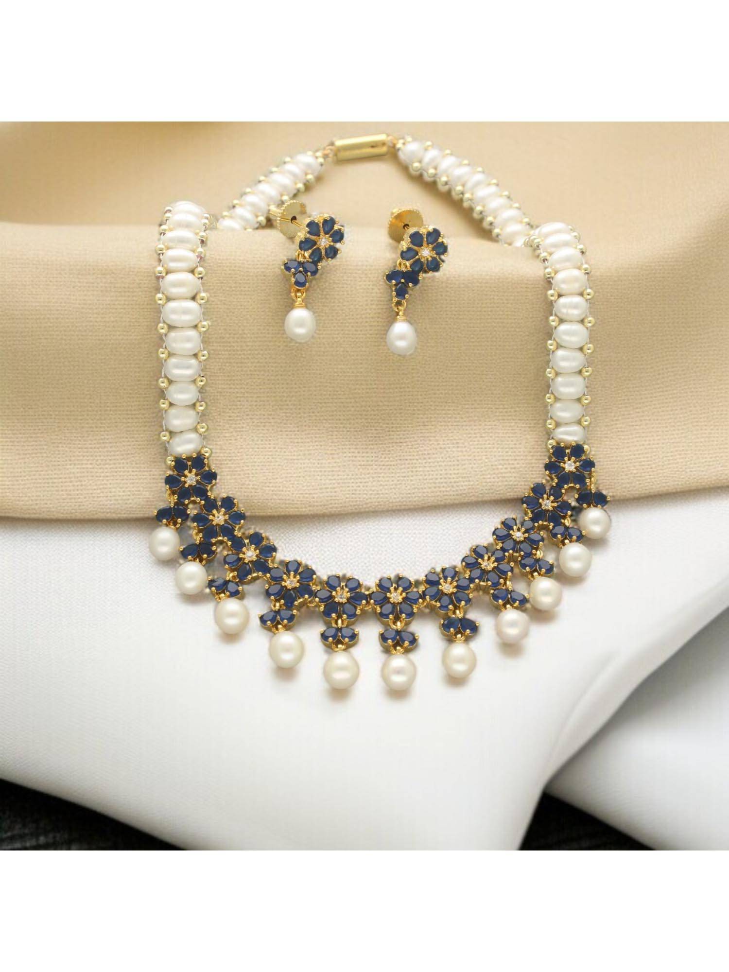 Sri Jagdamba Pearls Navy Blue Alpona Grace Floral Pearl and Stone Jewellery Set