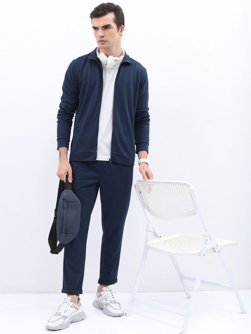 HIGHLANDER Men Mock Neck Tailored Jacket-Navy Blue