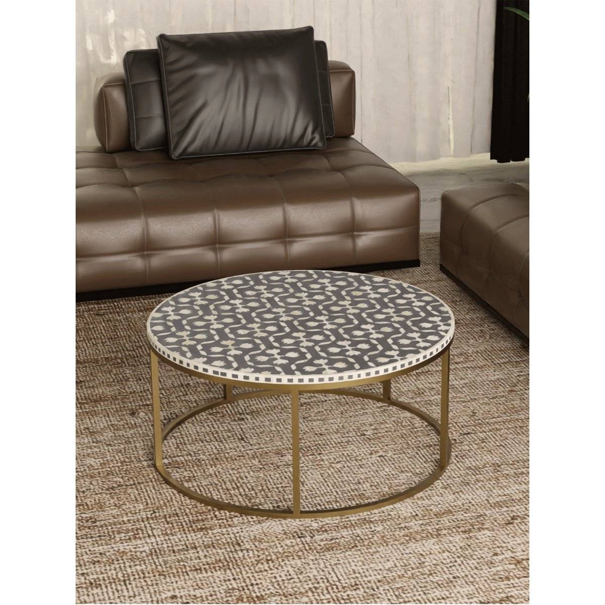 CasaGold Floral Vegan Bone Inlay Coffee Table With Stand - Black