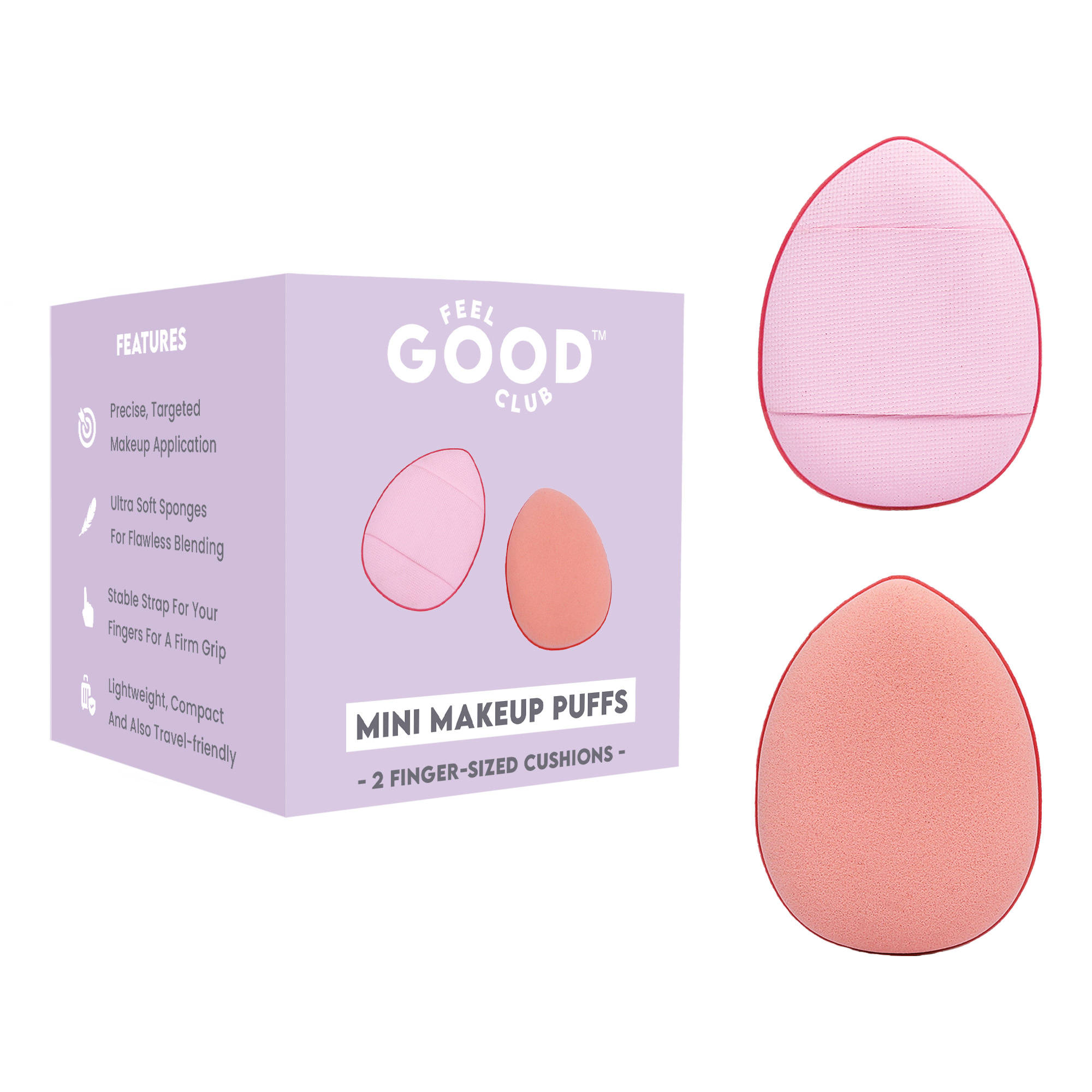 Feel Good Club Mini Makeup Puffs - Pack Of 2 Finger Sized Cushion Applicator Beauty Blender Sponges