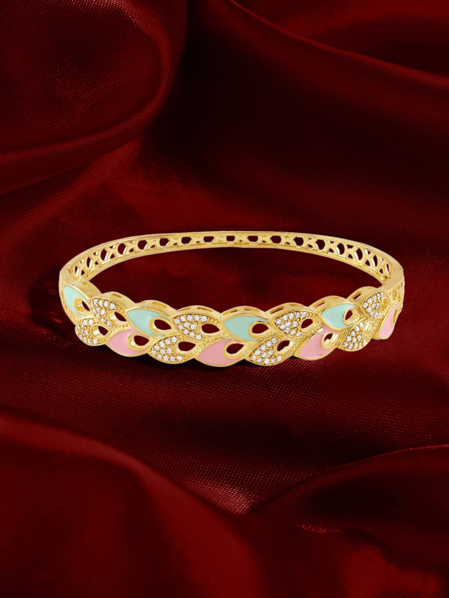 Zaveri Pearls Pink And Mint Green Enamel Cubic Zirconia Brass Kada Bracelet-Zpfk22094