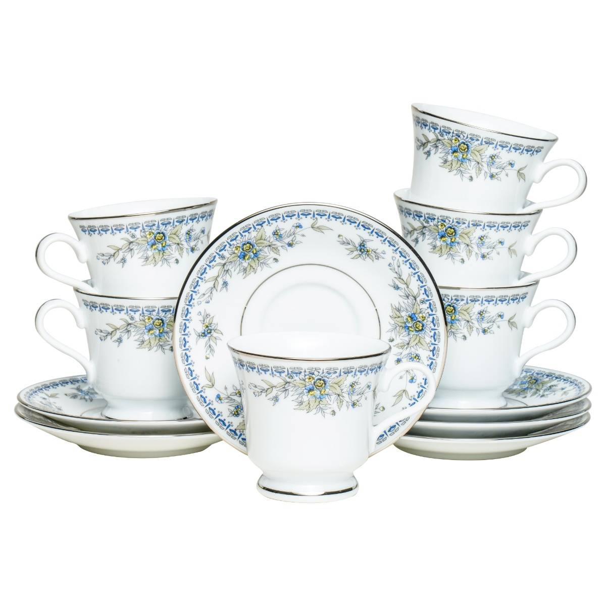 Dankotuwa Porcelain Platinum Crafted Cup and Saucer 210 ml Set of 6 - White
