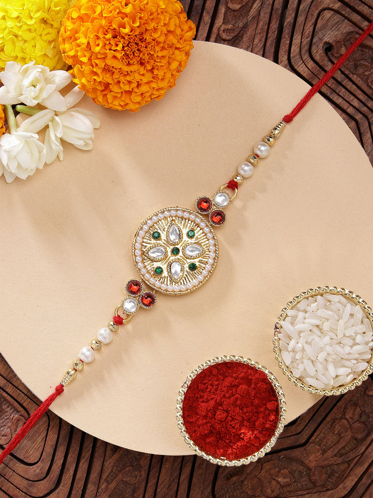 Karatcart Multi-Color Floral Stone Studded Kundan Rakhi with Roli Chawal