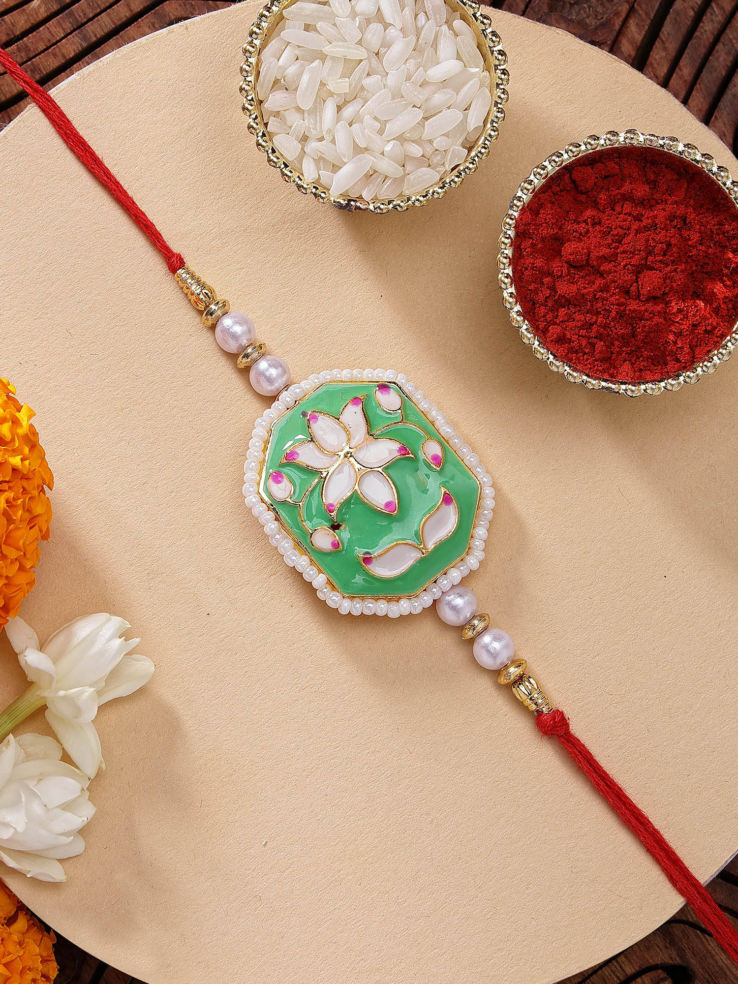 Karatcart Vibrant Light Green Meenakari Lotus Kundan Rakhi with Roli Chawal