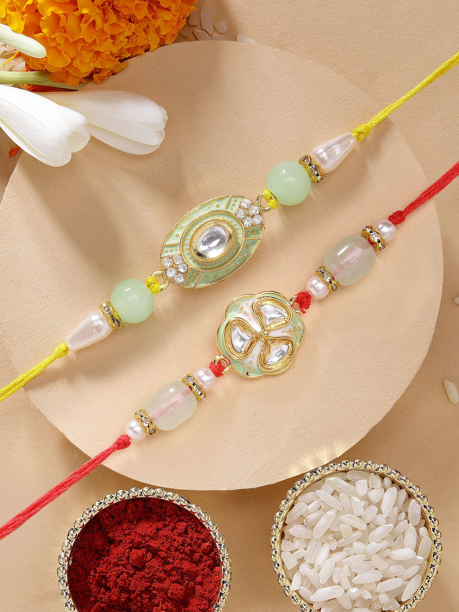 Karatcart Multi-Color Meena Floral Kundan Rakhis with Roli & Chawal (Pack of 2)