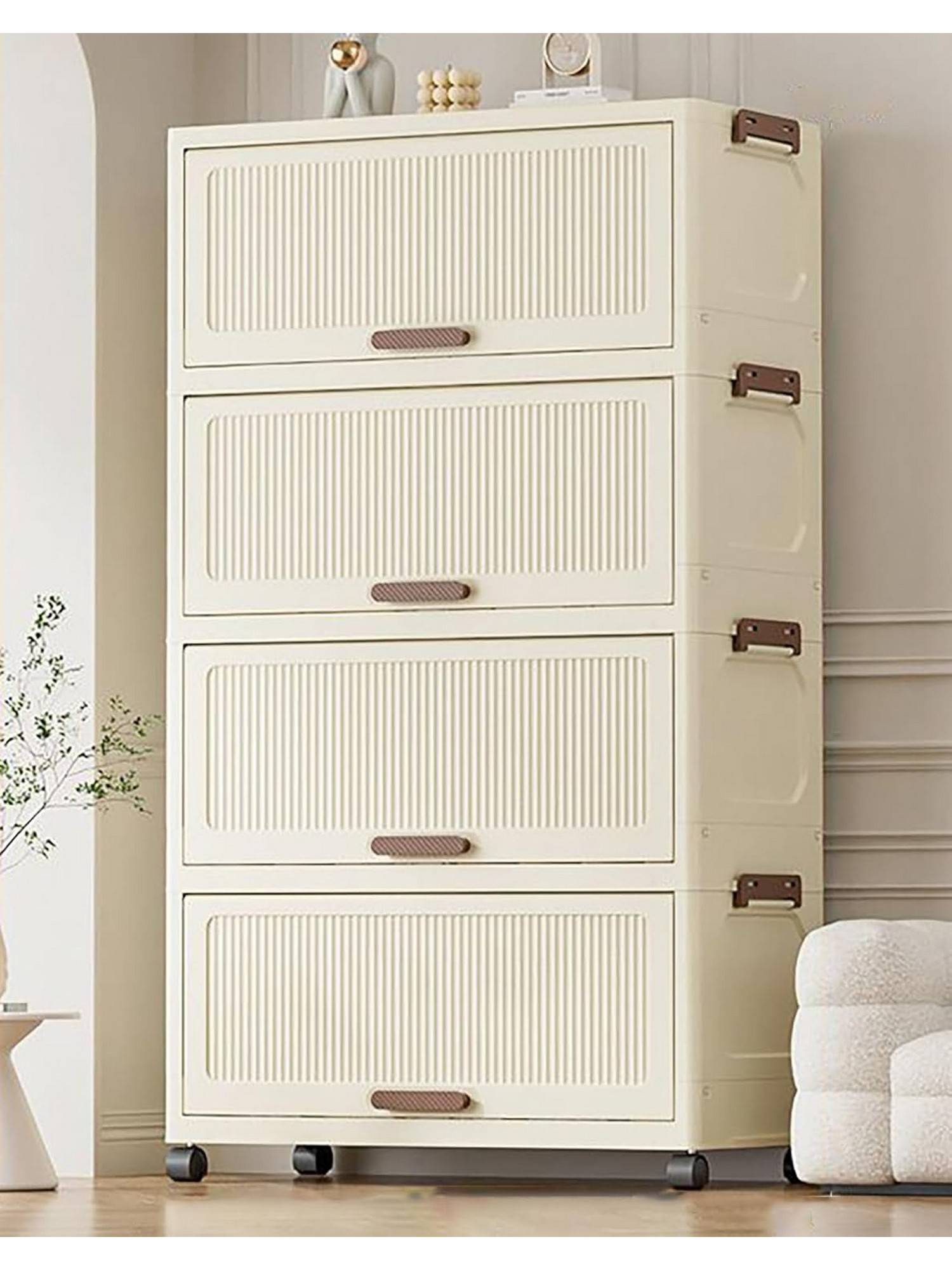 House of Quirk 4 Tier Storage Cabinet with Wheels Foldable Wardrobe Organizer