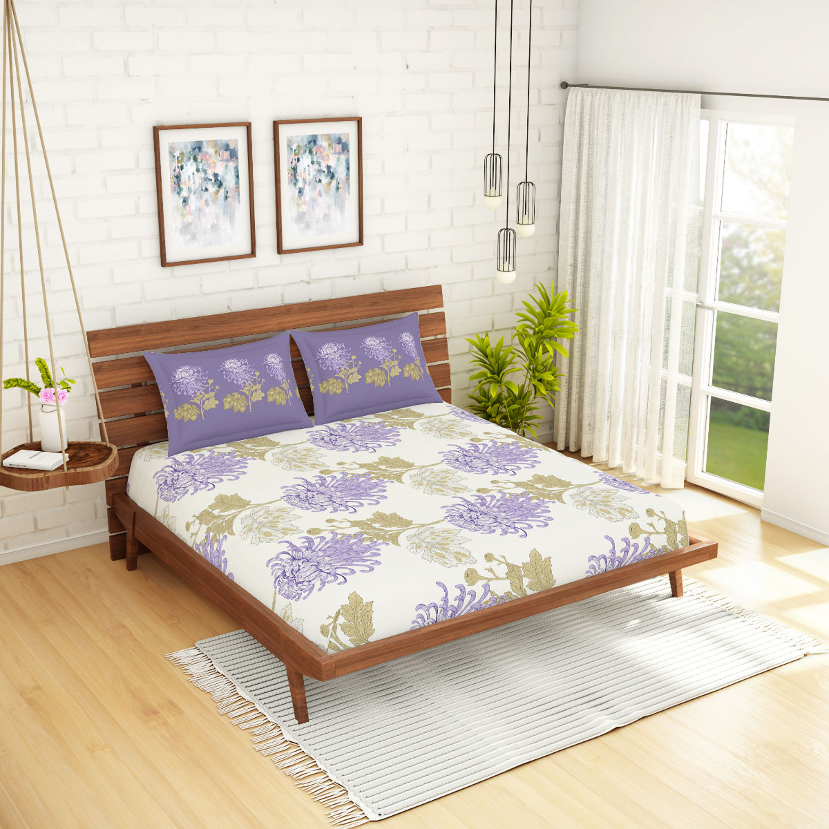 Buy Spaces Atrium Floral Purple 1 Queen Size Fitted Sheets With 2