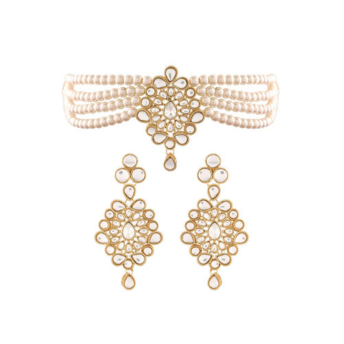 I Jewels Gold Plated Traditional Kundan with Beads Choker Necklace  Jewellery Set (ML268W)