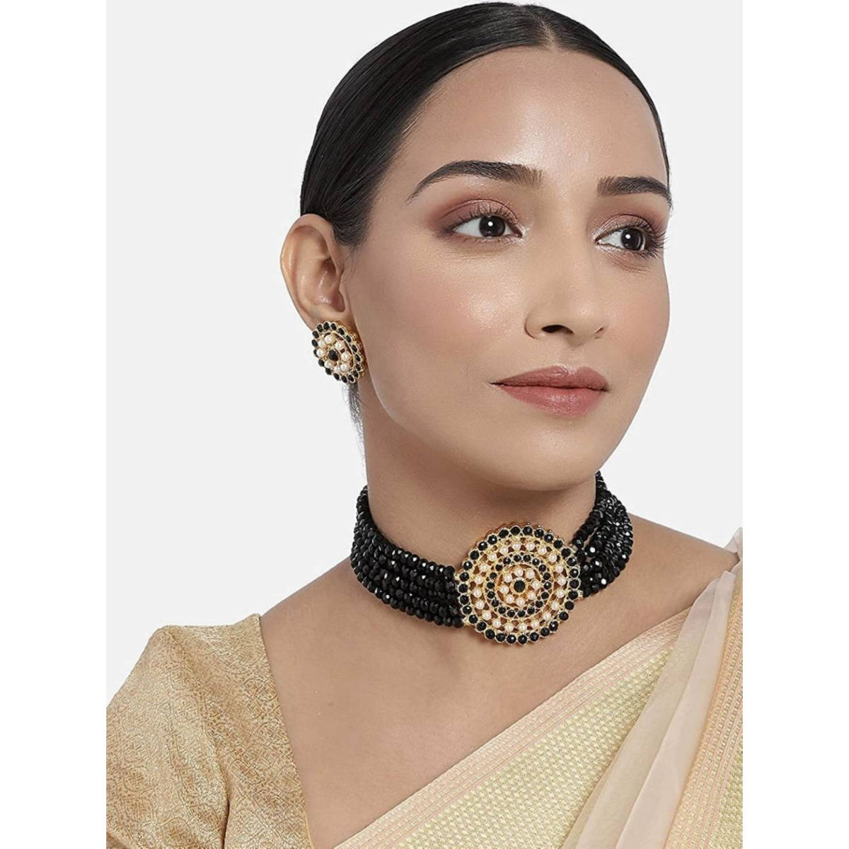 I Jewels Gold Plated Traditional Pearl Beaded Choker Necklace Jewellery Set