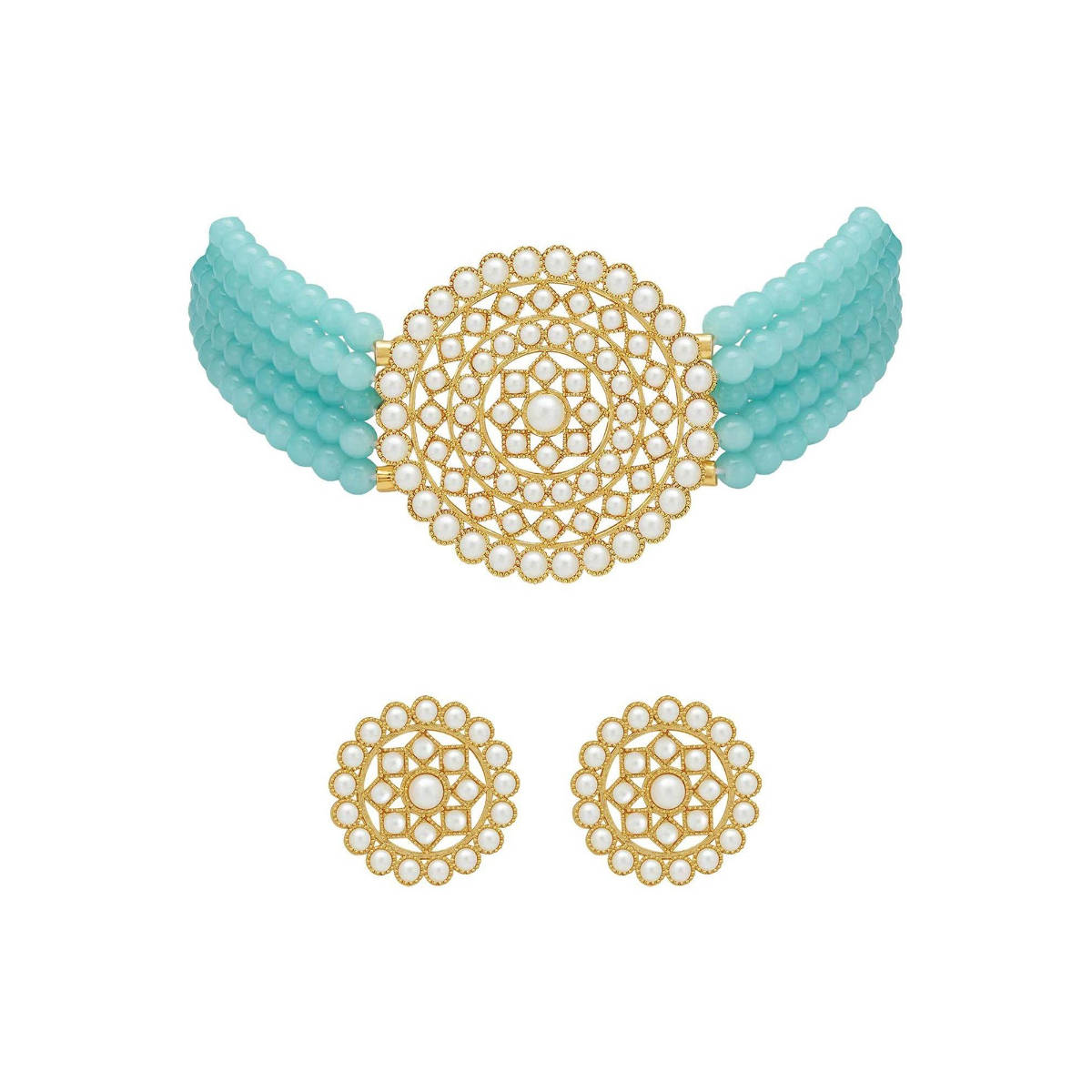 I Jewels Gold Plated Traditional Pearl Beaded Choker Necklace Jewellery Set (ML239Sb)