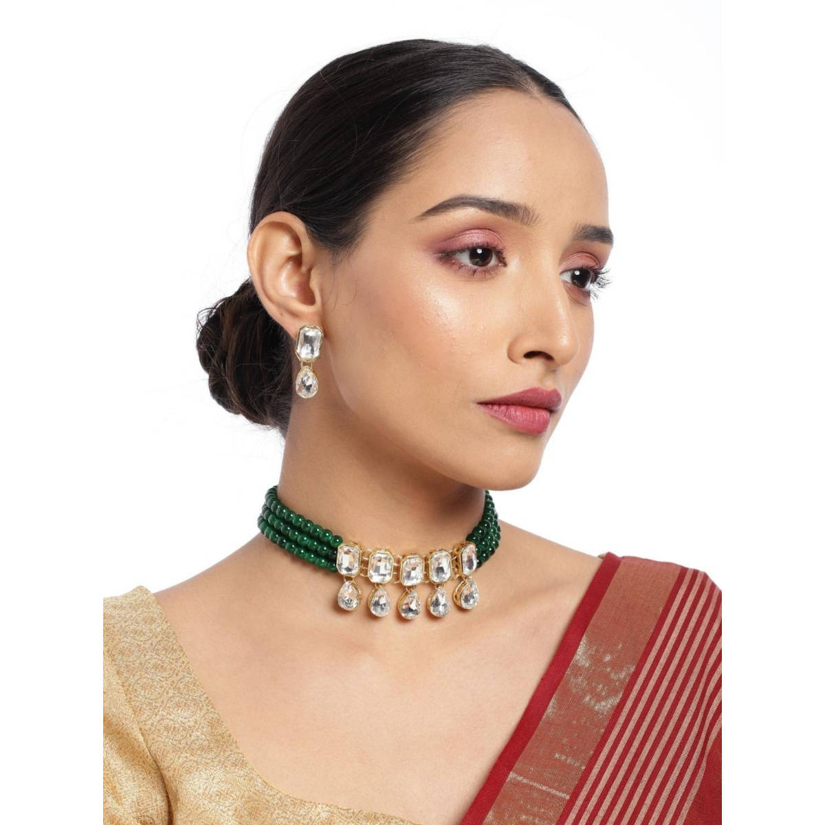 I Jewels Gold Plated Traditional Crystal Stone Pearl Choker Necklace Jewellery Set (ML249G)