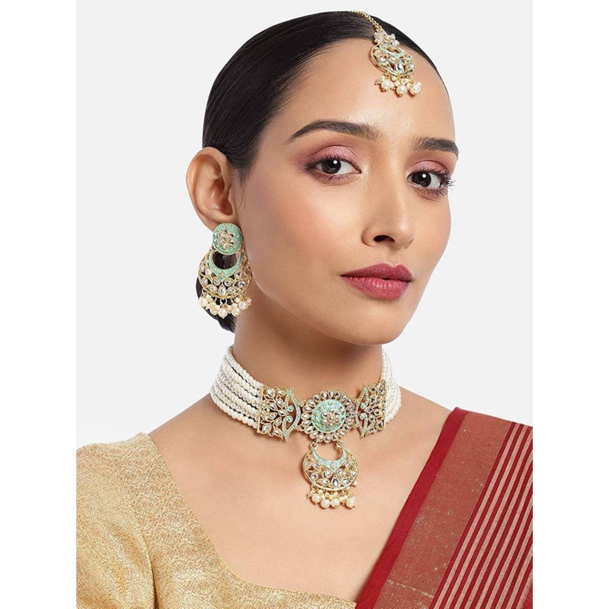 I Jewels Gold Plated Traditional Kundan Studded Pearl Choker Necklace Jewellery Set (ML291Min)