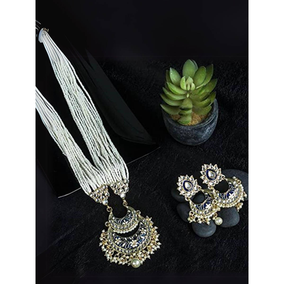 I Jewels Gold Plated Ethnic Kundan Pearl Meenakari Long Necklace Set For Women (ML297BL)