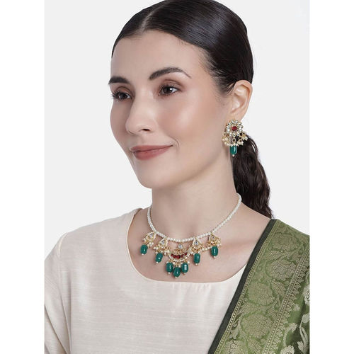 I Jewels Gold Plated Green Beaded Pearl Moti Mala Necklace Jewellery Set  (ML301M)
