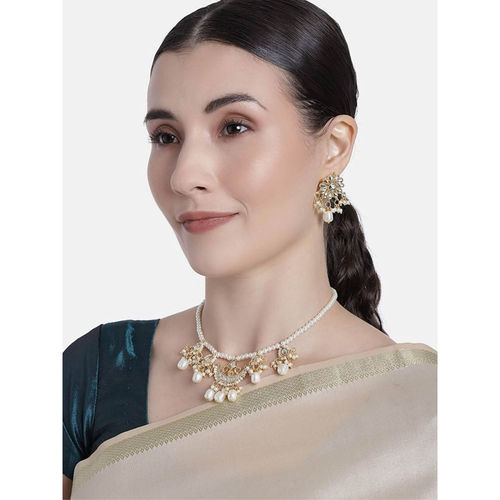 I Jewels Gold Plated White Pearl Moti Mala Necklace Jewellery Set for Women  (ML301W)