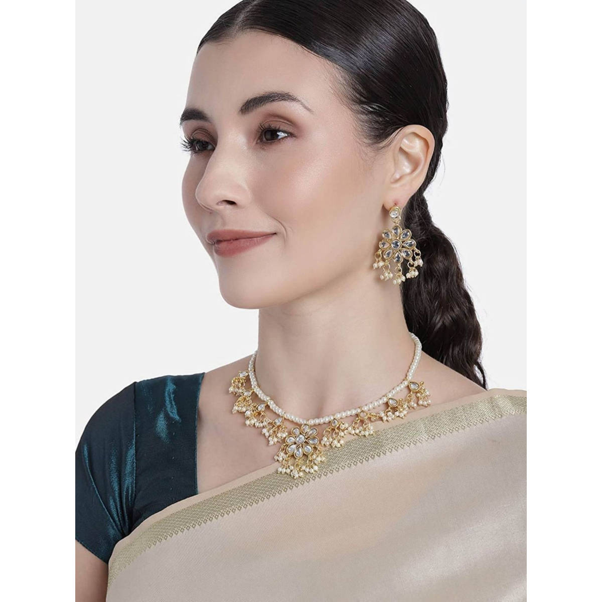 I Jewels Gold Plated Kundan Pearl Moti Mala Necklace Jewellery Set for Women (ML302W)