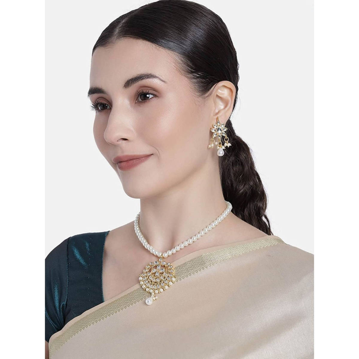 I Jewels Gold Plated Kundan Pearl & Beaded Moti Mala Necklace Jewellery Set for Women (ML304W)