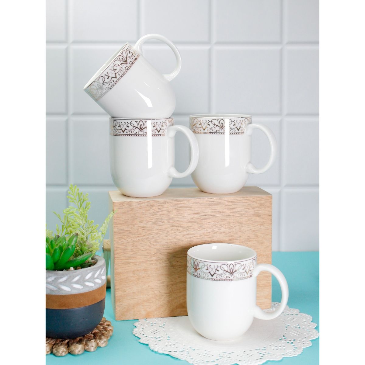 Vola Dazzle Mugs with Golden Border Set of 4 300ml (Ivory) Buy Vola