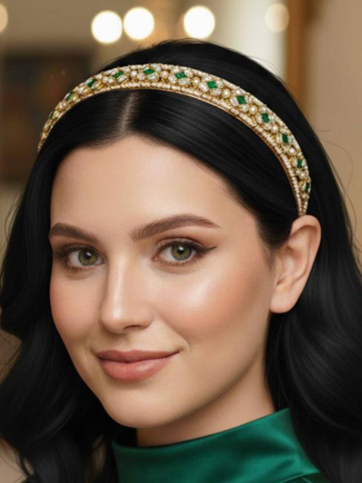 Estele Women Green Kundan Stone Hair Band