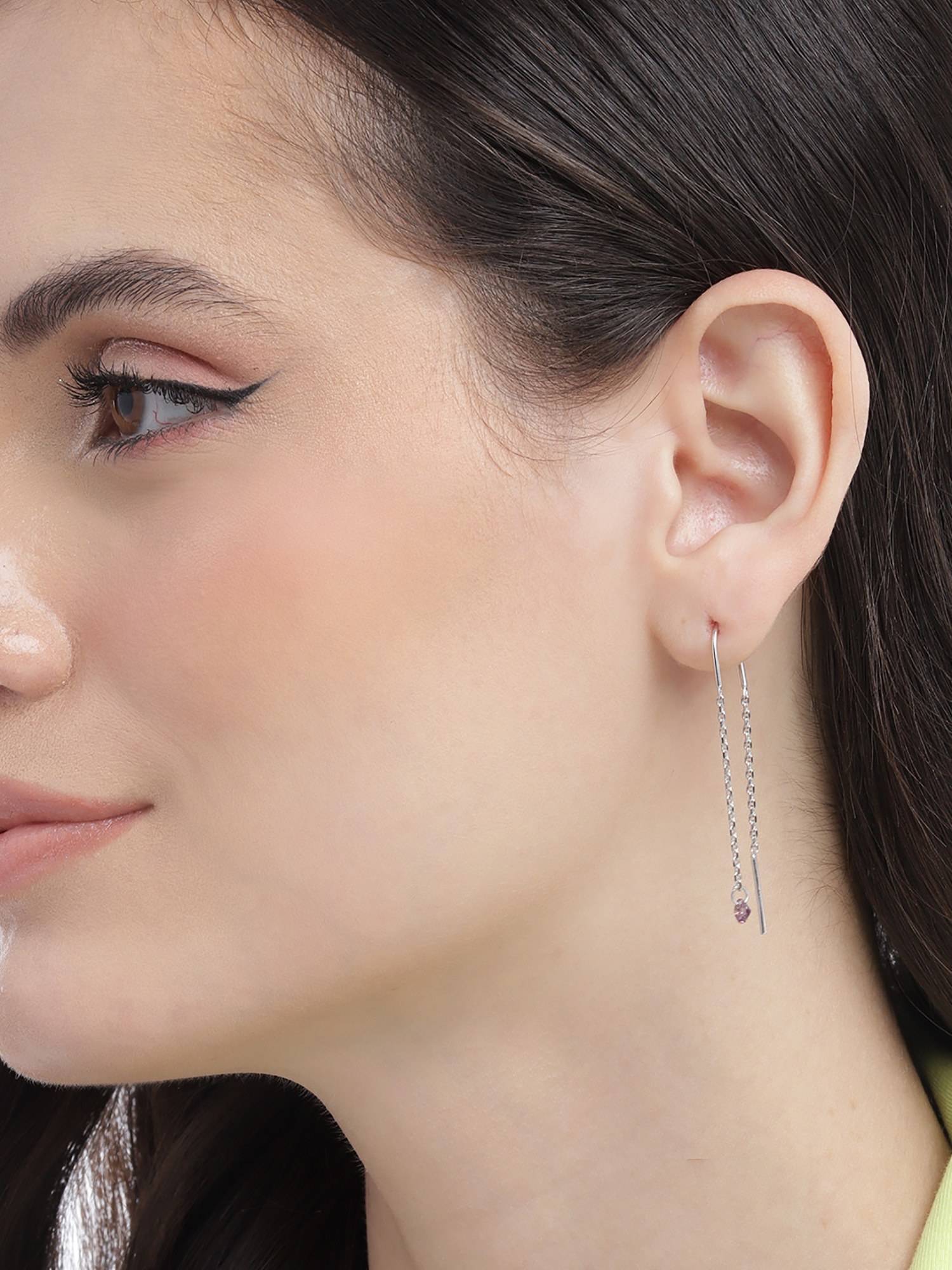 Carlton London 925 Sterling Silver Rhodium Plated Dangling Solitaire Threader Earrings