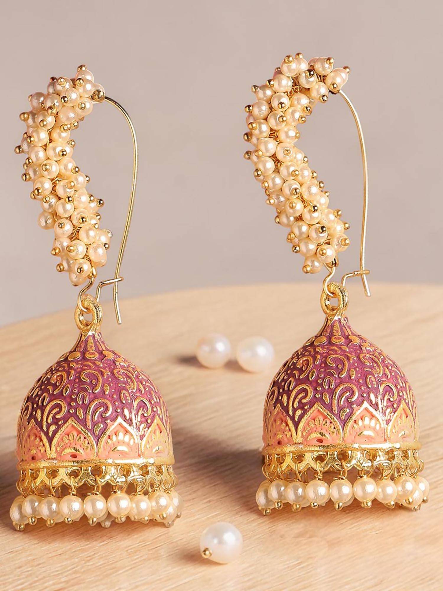 OOMPH Multi-Color Meenakari Enamel Pearls Ethnic Jhumki Earrings for Women