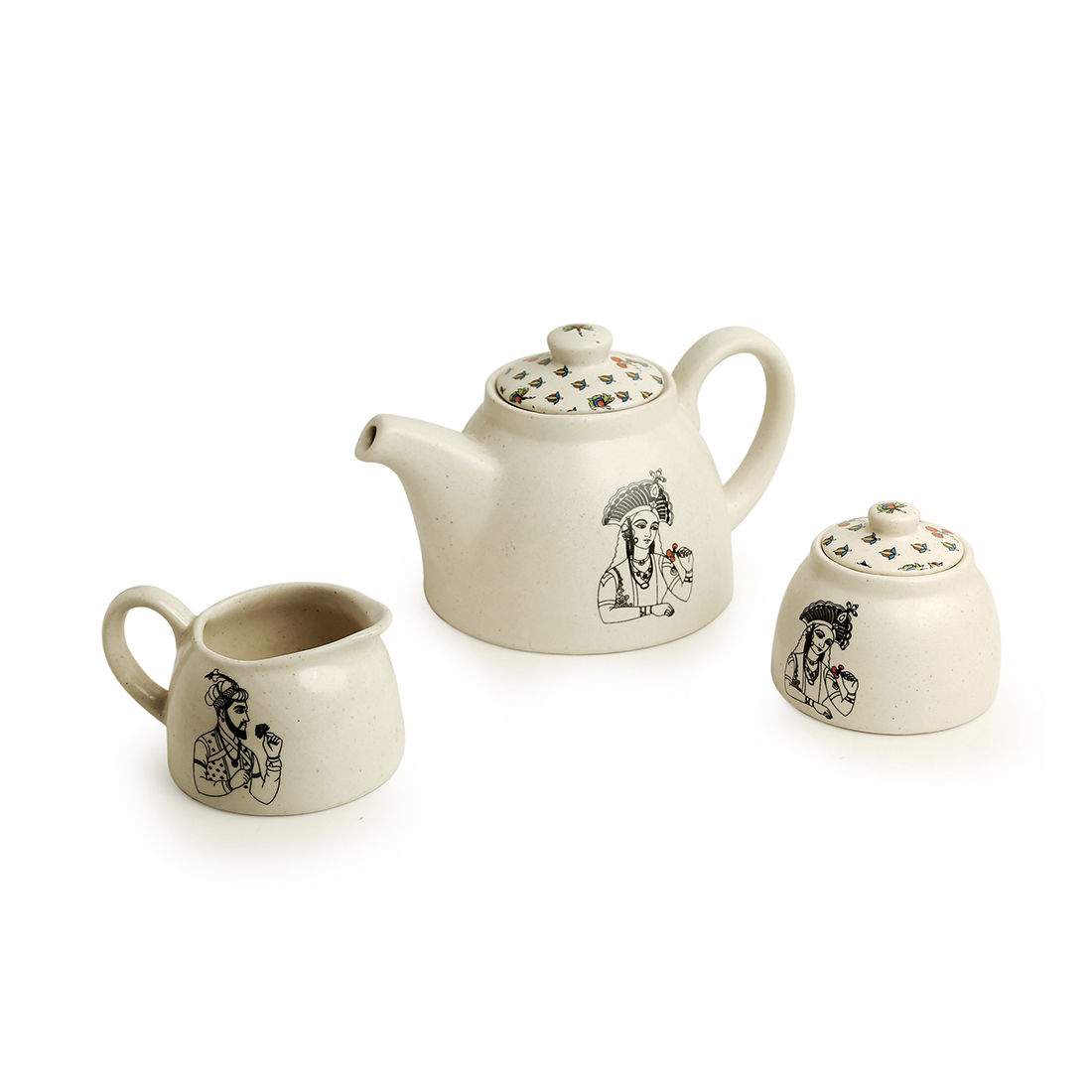 ExclusiveLane DaawateTaj' Ceramic Teapot Set of 3 (Tea Pot, Milk Pot
