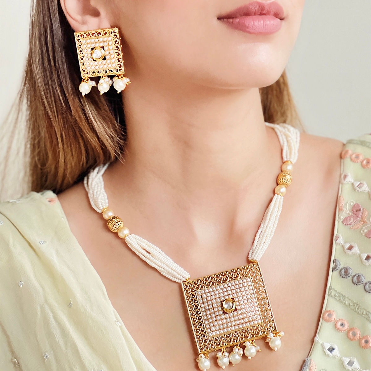Antique pearl long padakam necklace with earrings 148803 — vrddhi fashion  jewellery