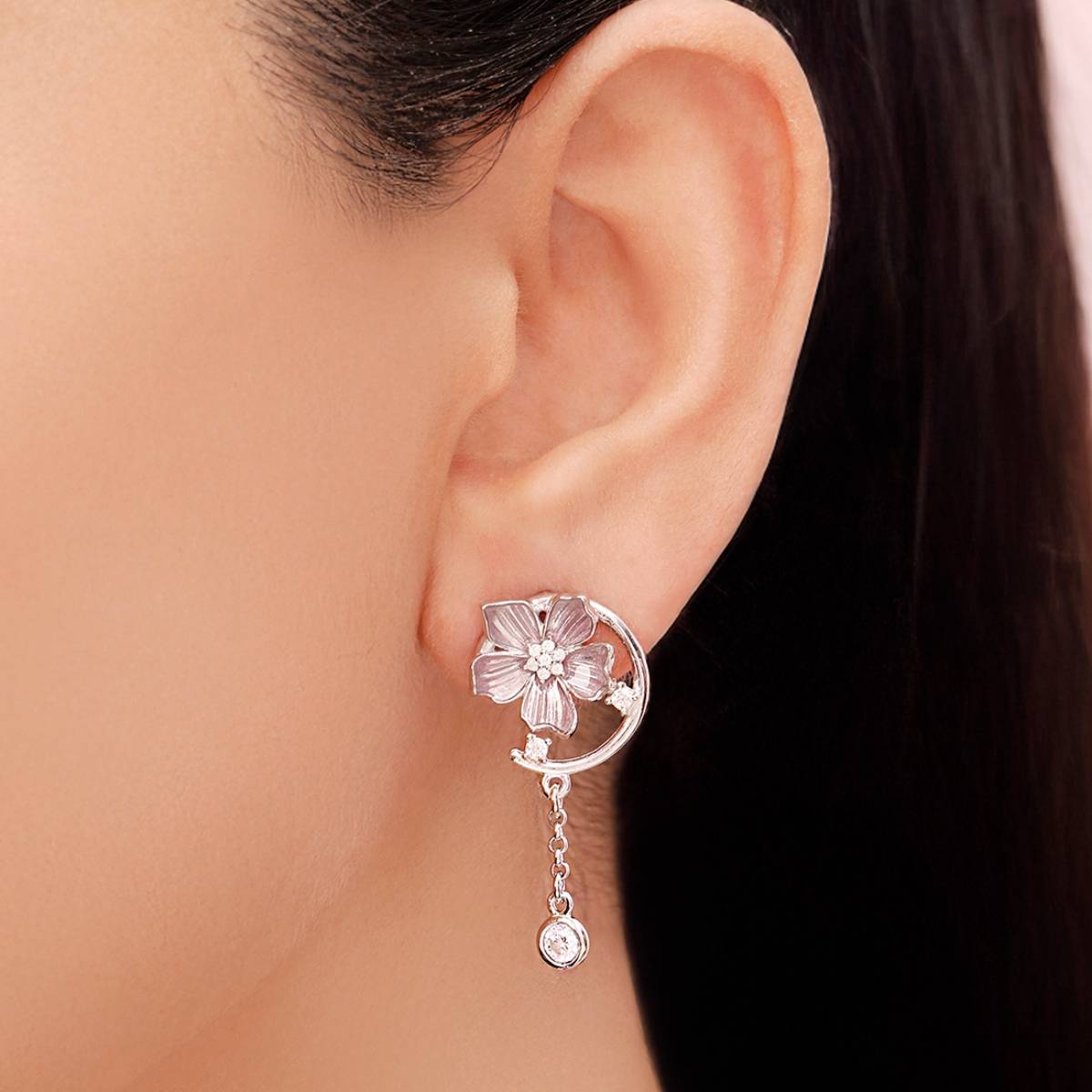 Zavya 925 Sterling Silver Lavender Bloom Rhodium-Plated Drop Earrings