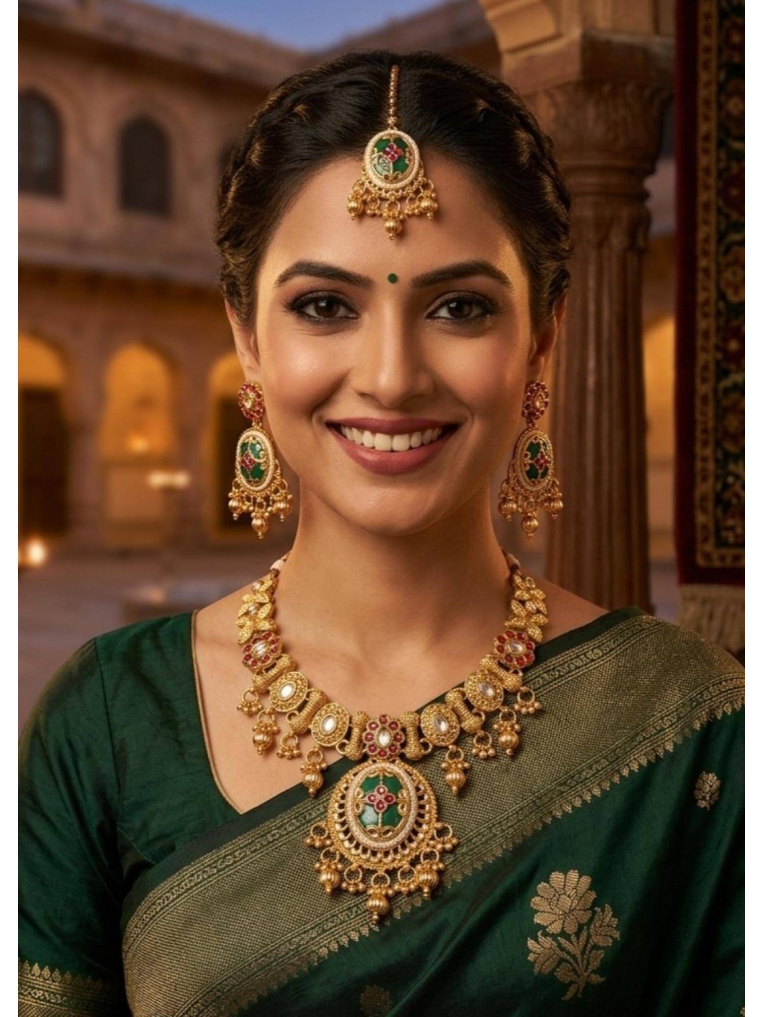 NUI Womens Gold Plated Stone Studded and Beaded Jewellery Set