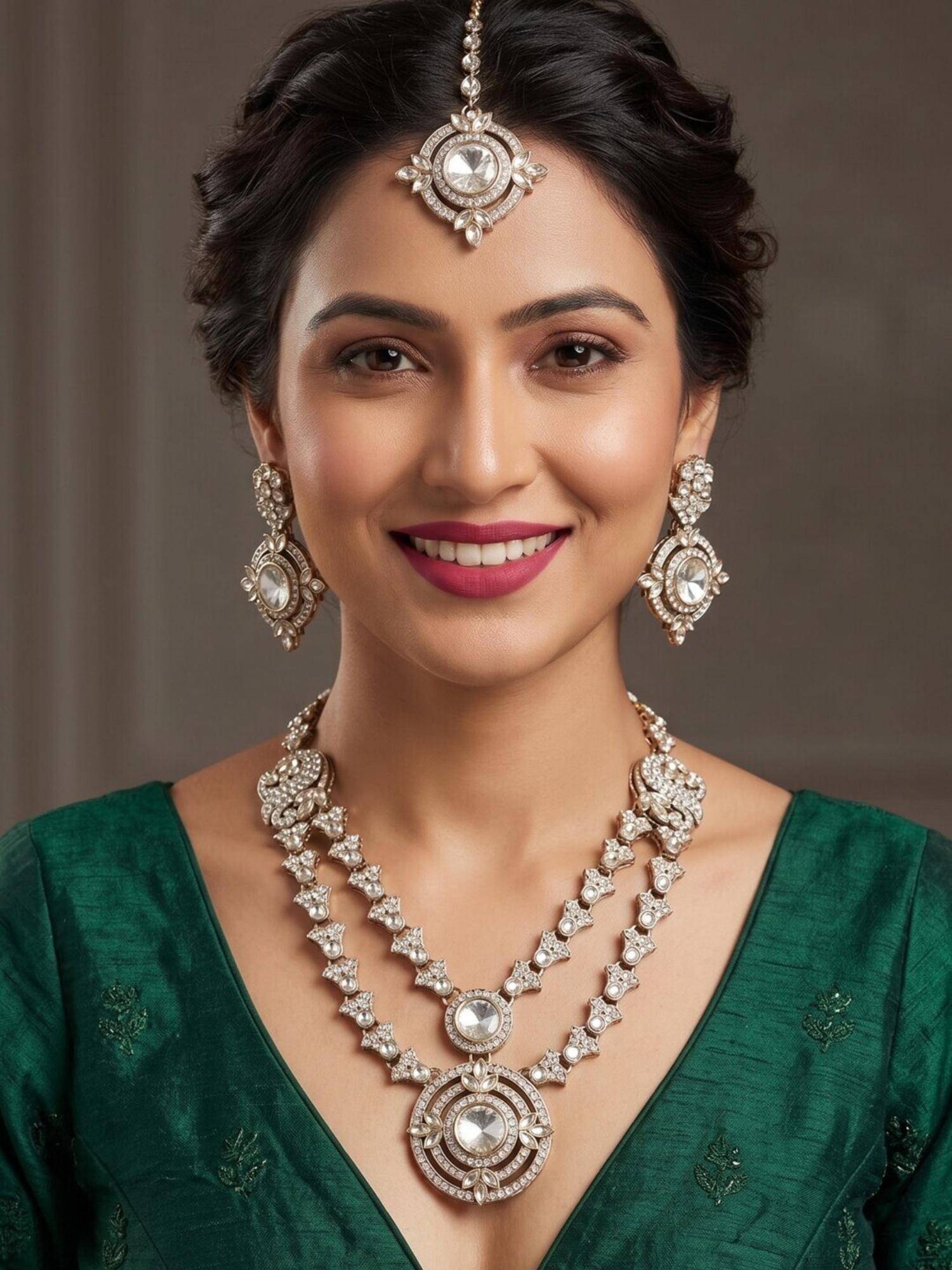 NUI Womens White Stone Studded and Beaded Jewellery Set