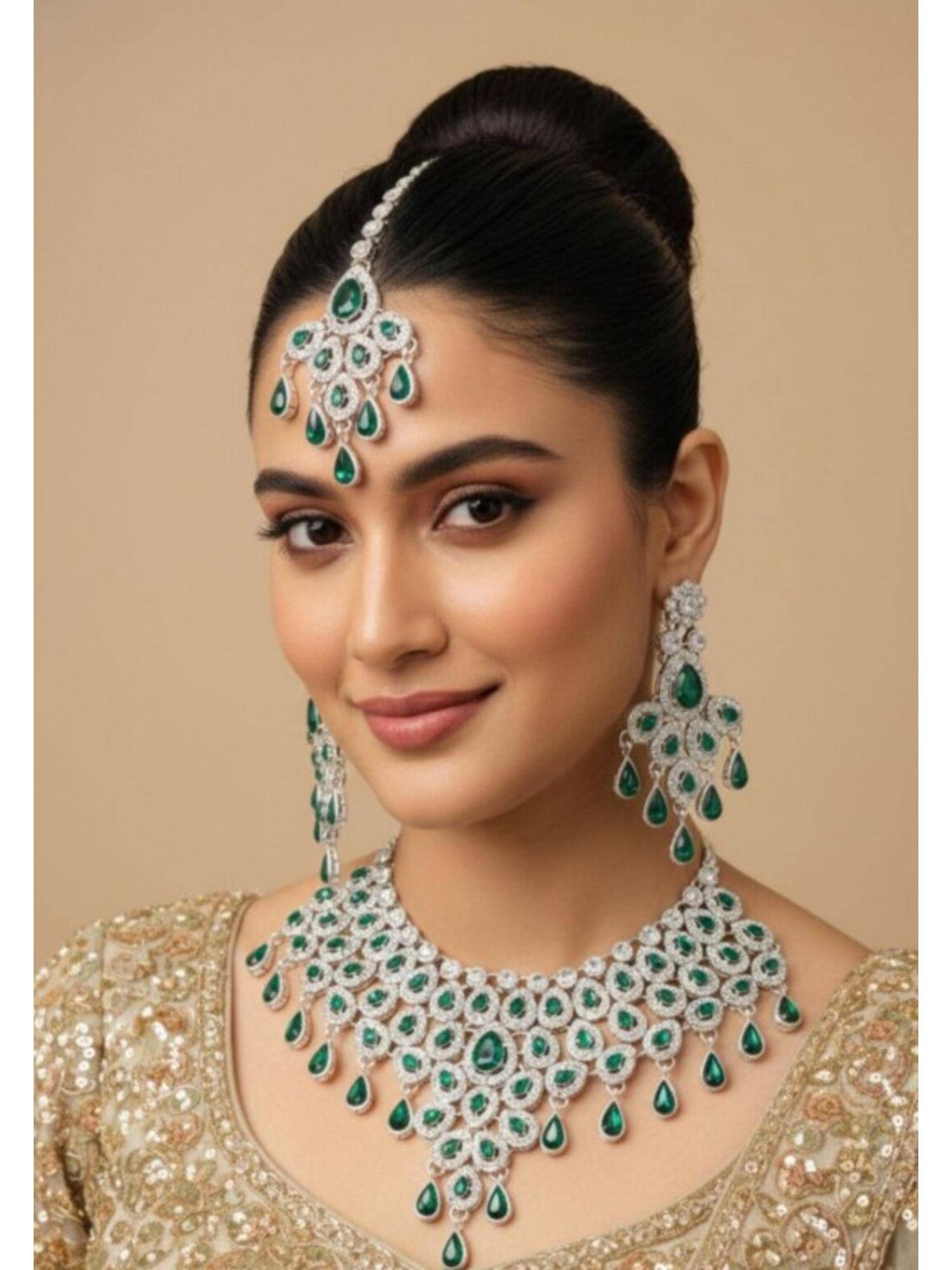 NUI Womens Gold Plated Green Stone Studded Jewellery Set