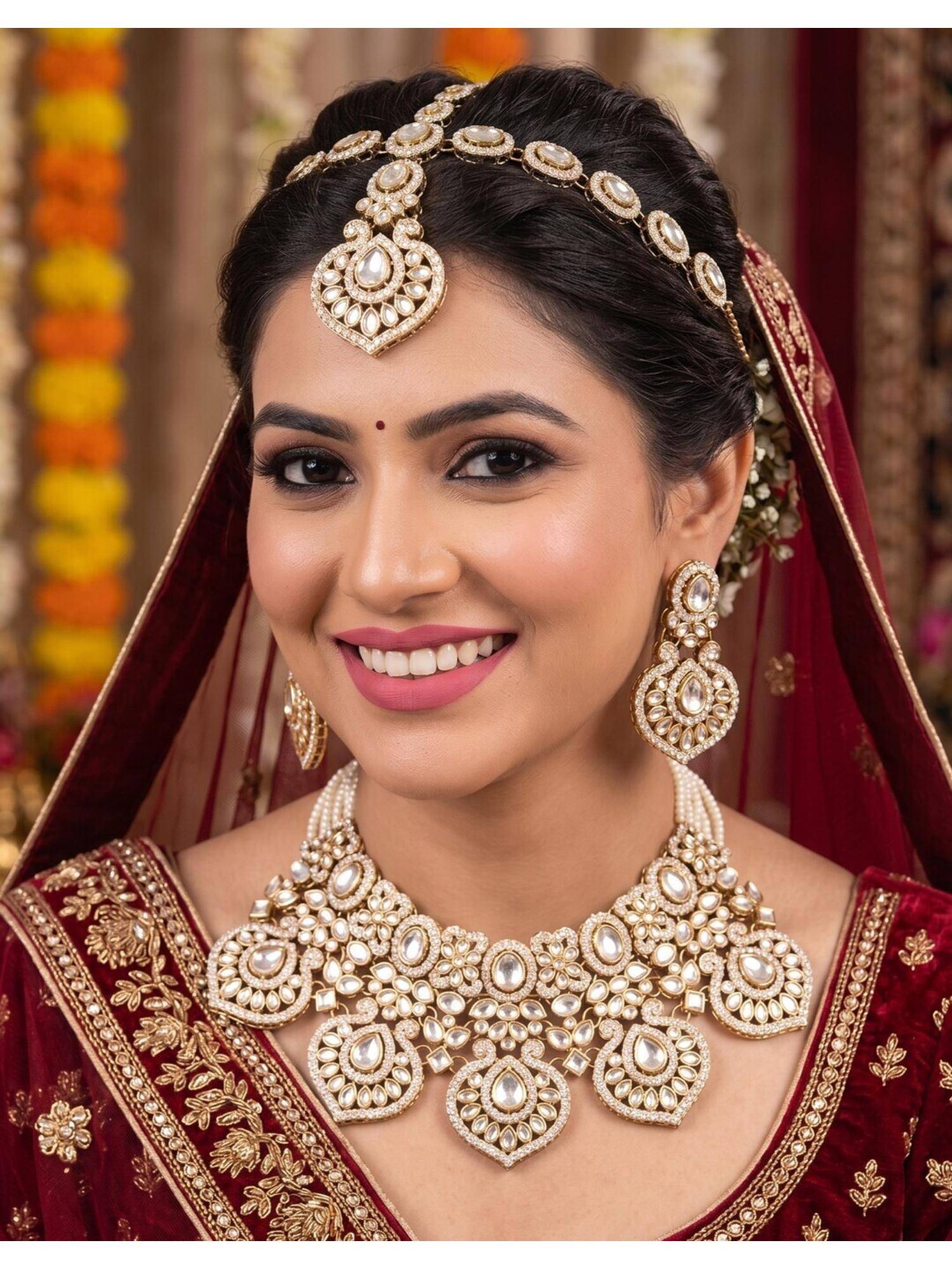 NUI Womens Gold Plated Stone Studded Bridal Jewellery Set