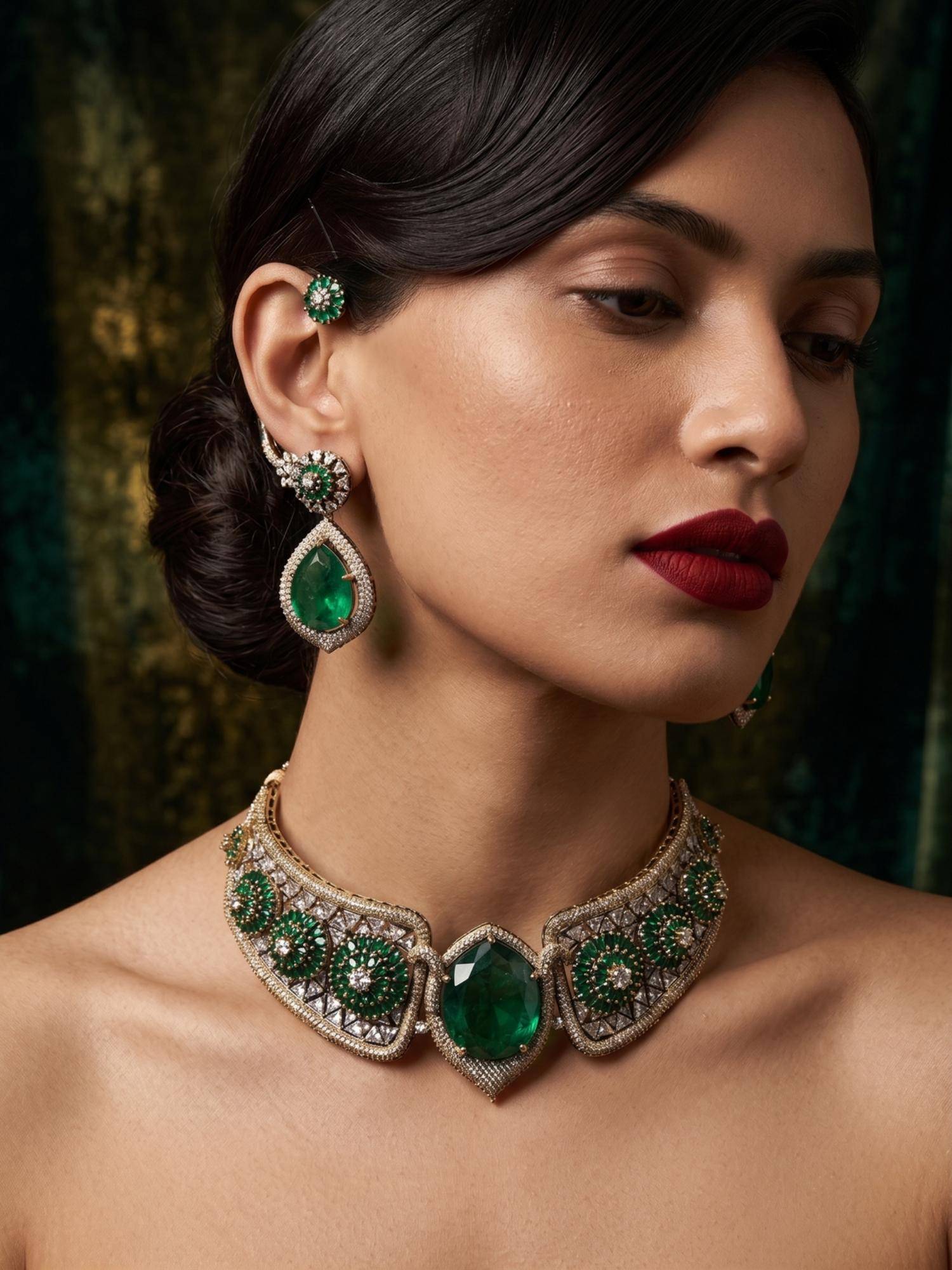 NUI Womens Luxury Emerald Green Cz Choker Necklace with Earrings