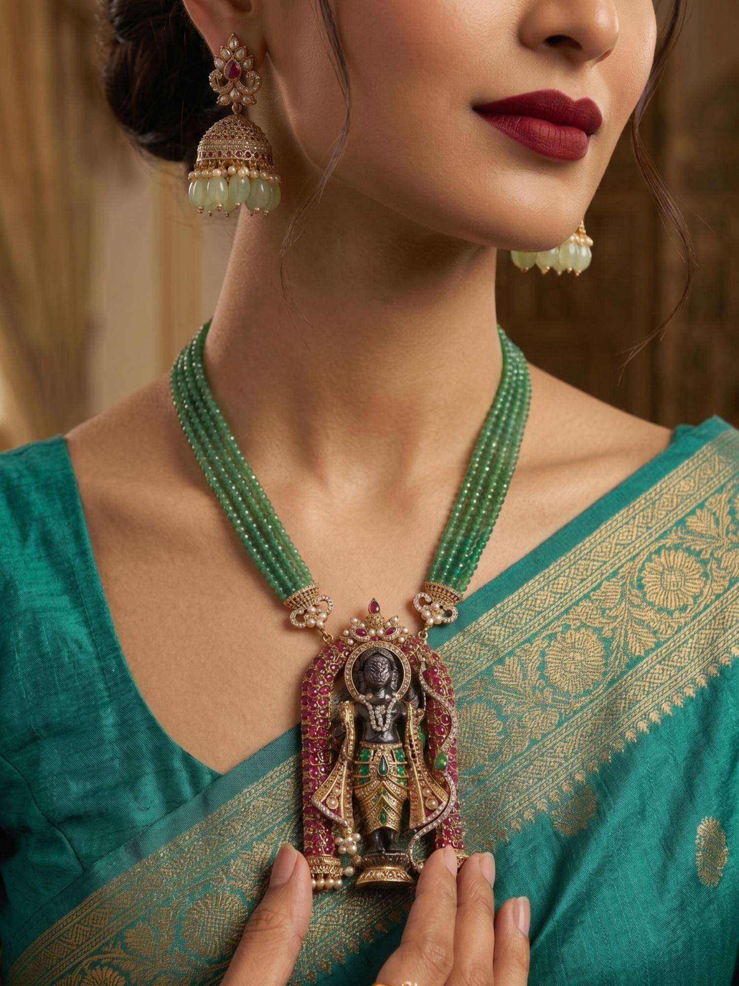 NUI Green Beaded Krishna Pendant Temple Long Necklace with Earrings