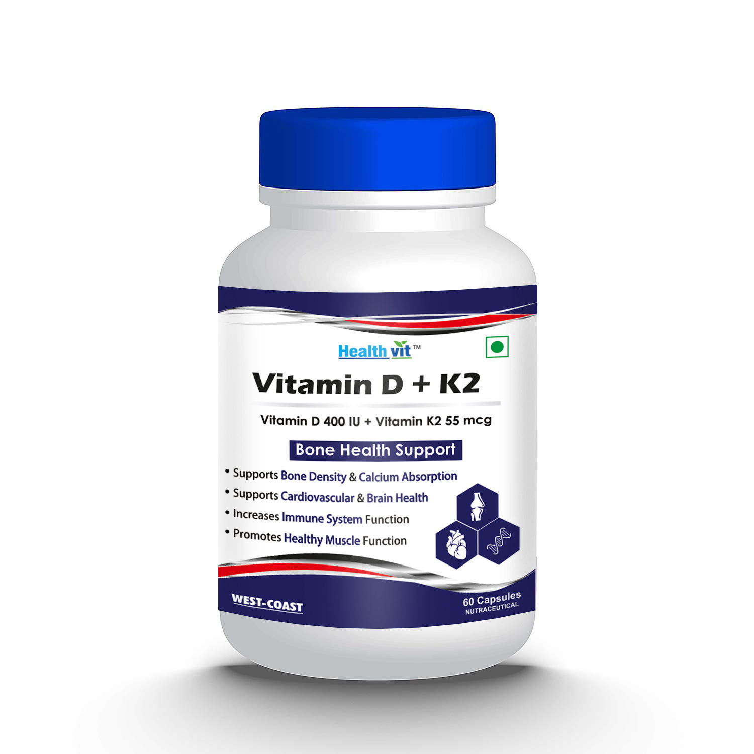 Healthvit Vitamin D 400 IU with Vitamin K2 55mcg for Bone Health Support- 60 Capsules