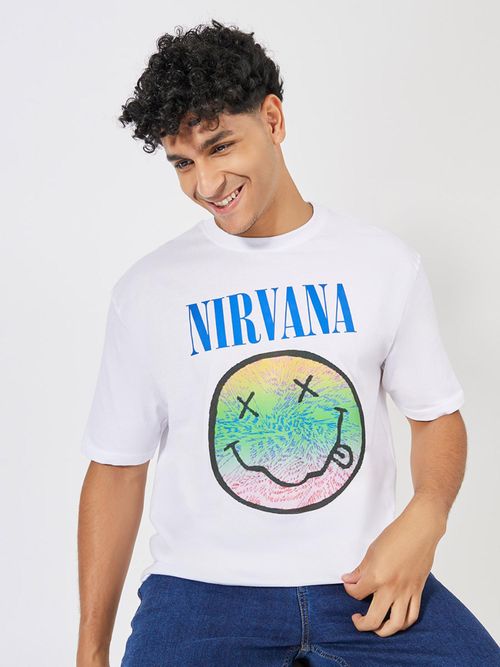 Styli Men White Nirvana Graphic Sticker Print Compact Oversized T-Shirt