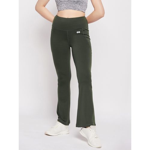 Clovia Comfort Fit High Rise Flared Yoga Pants in Dark Green with Side  Pockets (M)