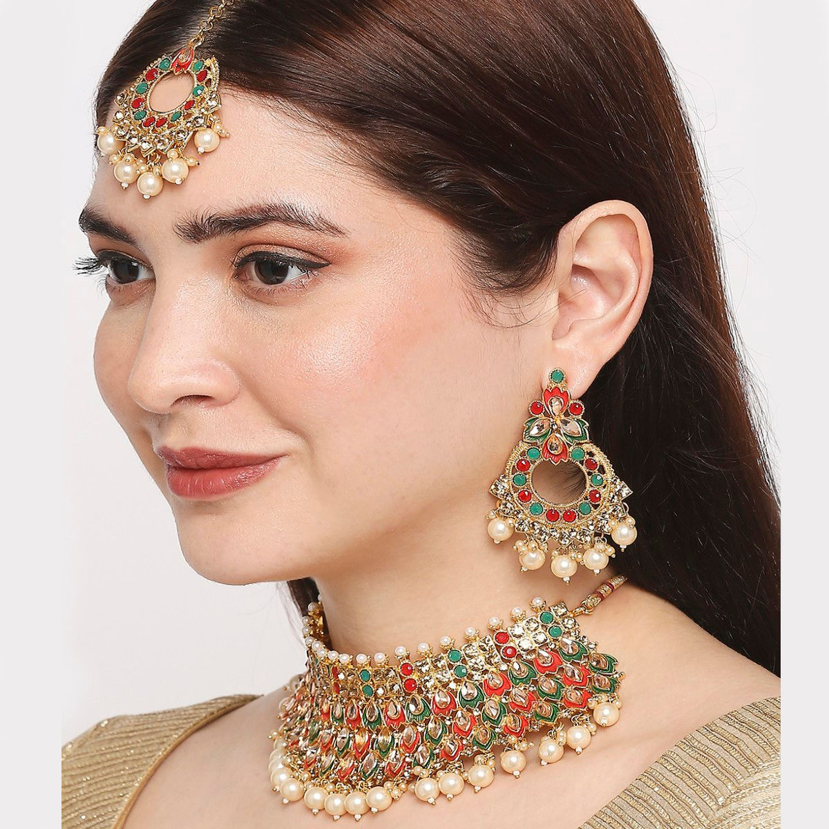 OOMPH Red & Green Meenakari & Kundan Ethnic Choker Necklace Set: Buy ...