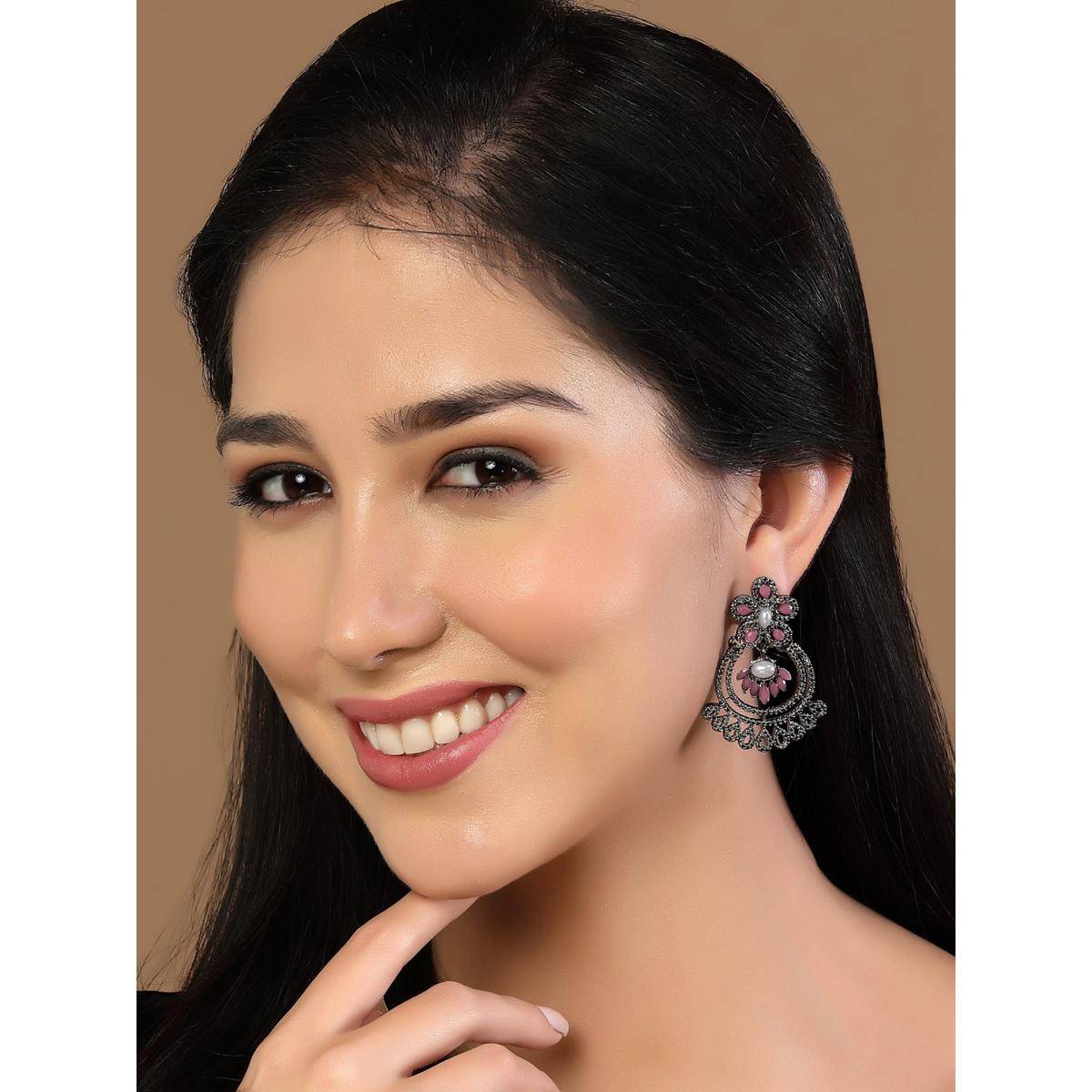 PANASH Pink Silver-Toned Contemporary Chandbalis Earrings