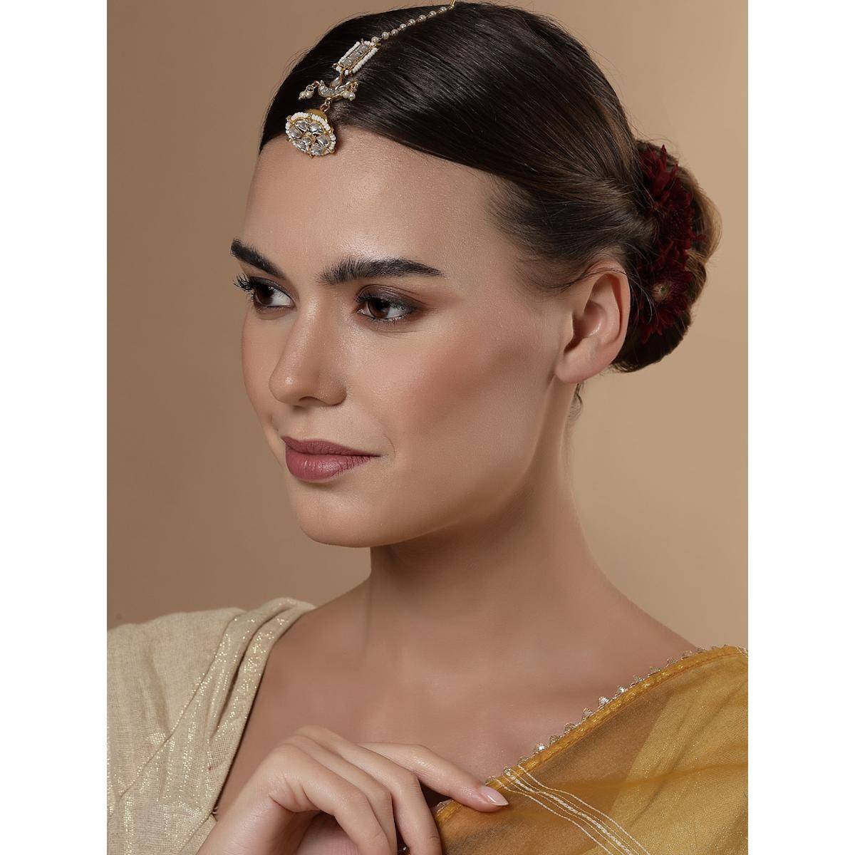 PANASH Gold-Plated Stones Studded and Pearls Beaded Maang Tika