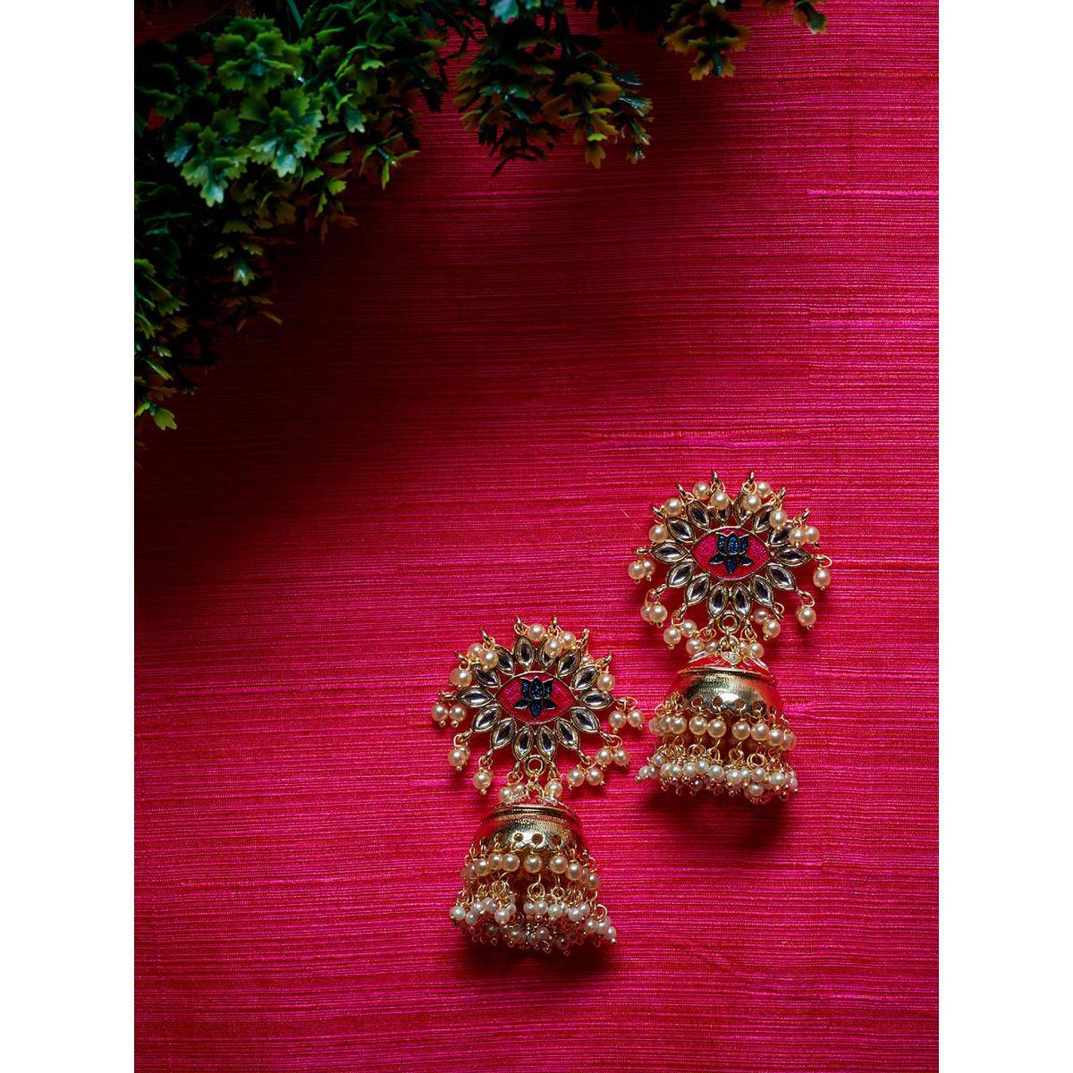 PANASH Green Gold-Plated Handcrafted Dome-Shaped Jhumkas