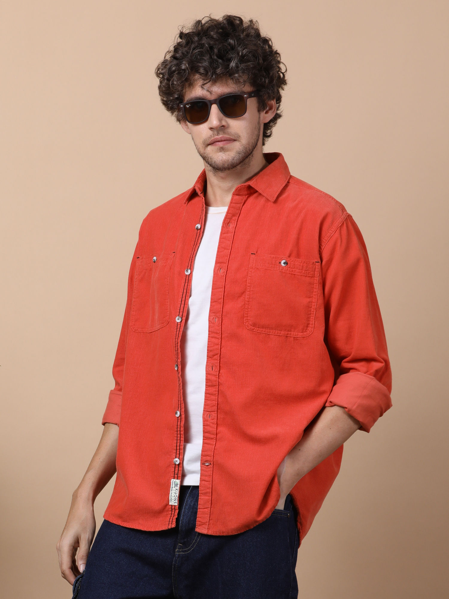 Buy KUONS AVENUE Men Orange Corduroy Double Pocket Shirt Online