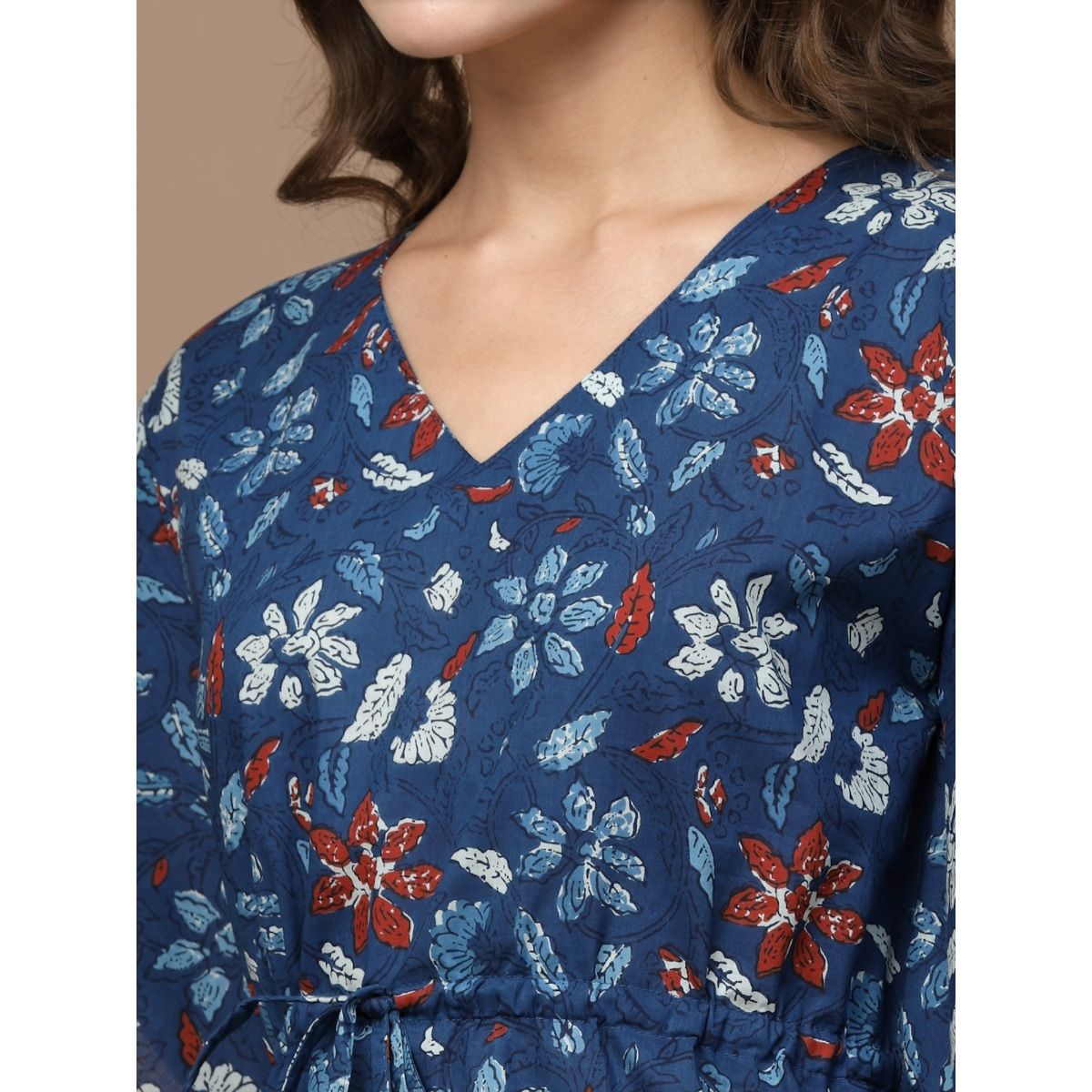 Sweet Dreams Women Navy Blue Floral Print Pure Cotton Longline Kaftan