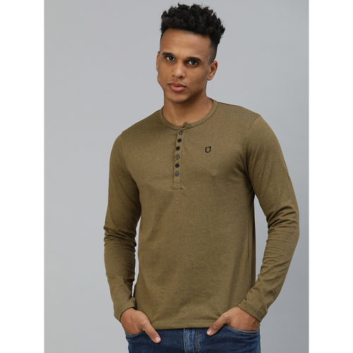 Urbano Fashion Men Olive Green Slim Fit Solid Full Sleeve Henley Neck  T-shirt