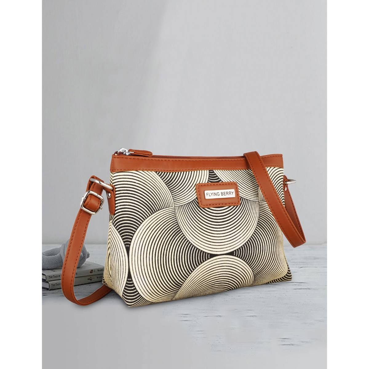 FLYING BERRY Beige & Black Ethnic Printed Handcrafted Vegan Leather Sling Bag