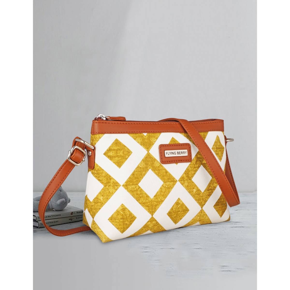 FLYING BERRY White & Yellow Ethnic Printed Handcrafted Vegan Leather Sling Bag