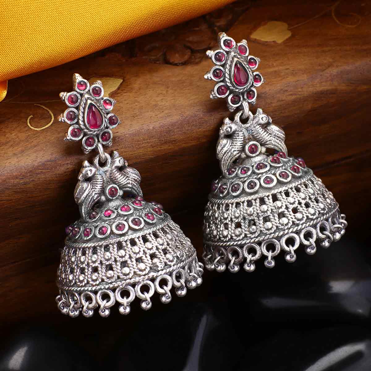 Peora Indian Traditional Silver Oxidized Peacock Ruby Stone Jhumki ...