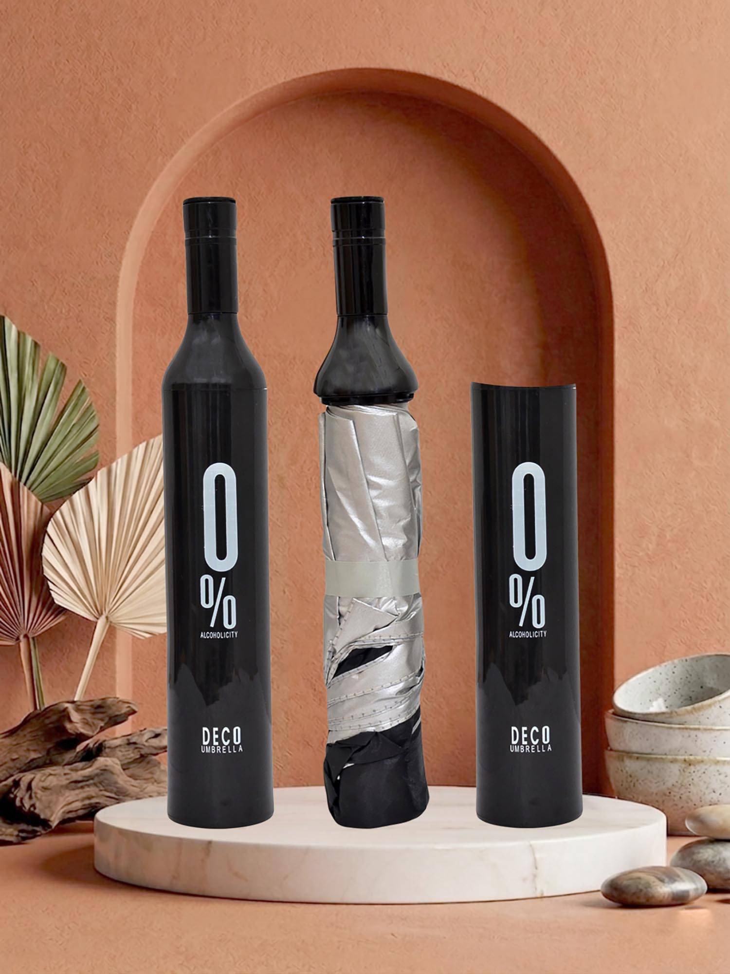 FABINALIV Black Solid Waterproof 3 Fold Compact Bottle Umbrella